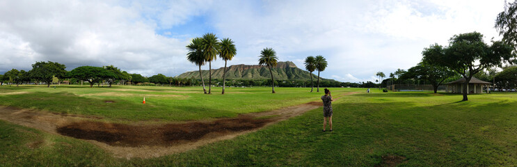 Beautiful panorama of the Diamond Head on the Hawaiian island of Oʻahu. The volcanic tuff cone is...