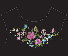 Embroidery colorful ethnic neck line pattern with  roses, butterfly and lilies. Vector traditional folk floral design on black background for fashion wearing.