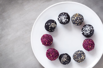 Fitness energy bites, raw chocolate truffles from above