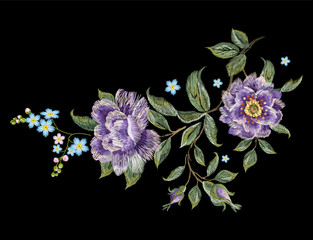 Embroidery colorful trend floral pattern with purple roses. Vector traditional folk roses and forget me not flowers bouquet on black background for design. - 145288347