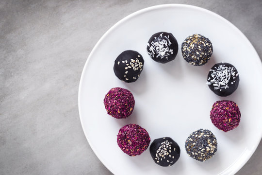 Fitness energy bites, raw chocolate truffles from above