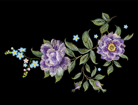 Embroidery colorful trend floral pattern with purple roses. Vector traditional folk roses and forget me not flowers bouquet on black background for design.