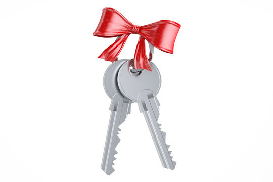 Two keys with red bow, 3D rendering