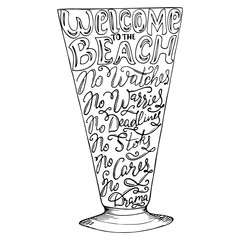 Summer beach party calligraphic lettering. Cocktail glass silhouette Isolated vector illustration.
