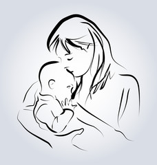 Vector line sketch of a mother with a child