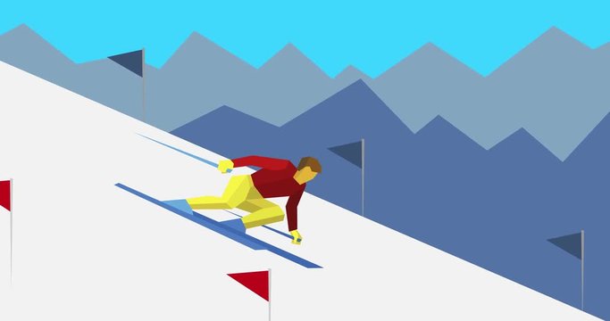 Cartoon skier slope downhill. Animation with athlete skiing and mountains behind. Winter sport - ski slalom. Seamless loop.