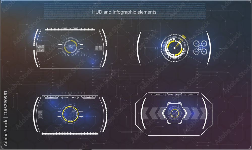 Poster set of futuristic blue infographics as head-up display. display navigation elements for the web and 