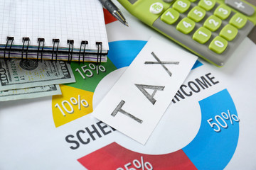 Tax concept. Schedule of income with money and office stationery, closeup