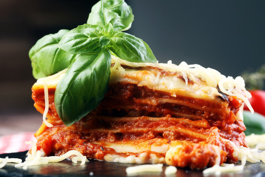 Serving of spicy traditional Italian beef lasagne in a restauran