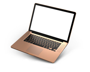 Laptop with blank screen isolated on white background, gold aluminium body. Whole in focus. High detailed.