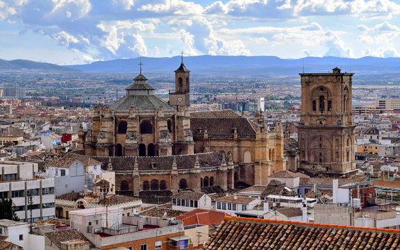 View Of Granada Cathedral Over The Rooftops Of Granada, Andalusia, Spain