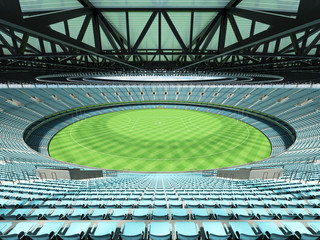 3D render of a round Australian rules football stadium with  sky blue seats and VIP boxes