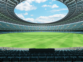 3D render of a round Australian rules football stadium with  sky blue seats and VIP boxes