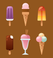 Set ice cartoon colorful cream dessert vector illustration chocolate food sweet cold isolated icon snack cone tasty fruit frozen candy collection