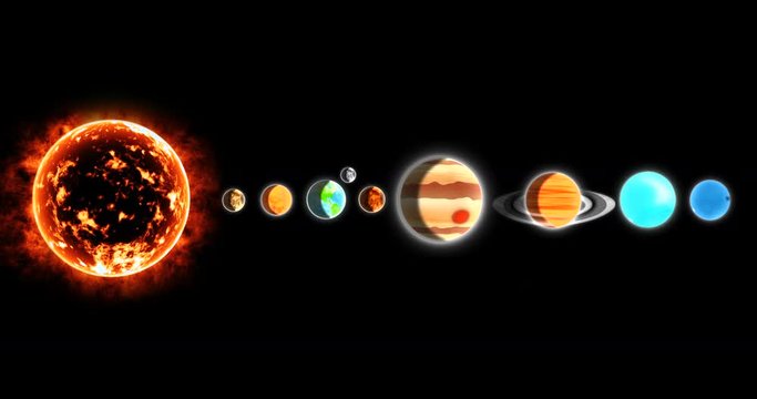 Solar system with sun and planets in a row