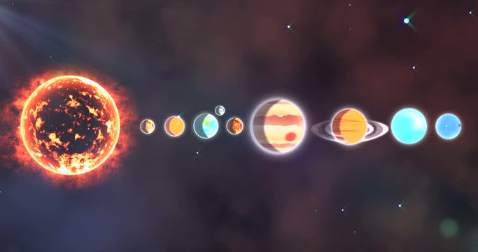 Solar system with sun and planets in a row