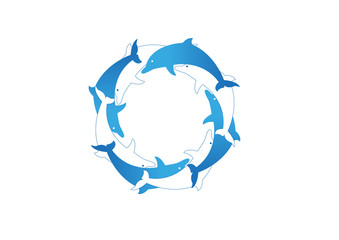 Blue and white dolphins in circle vector illustration isolated on a white background