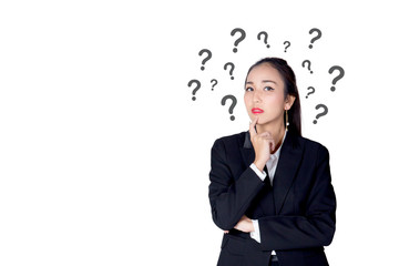 woman is standing with  question marks isolated on white background
