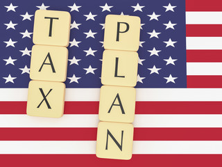Fototapeta premium USA Politics News Concept: Letter Tiles Tax Plan On US Flag, 3d illustration