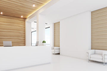 Light wood reception, armchair, side
