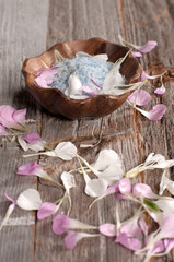 Beautiful composition. Sea salt on wooden background