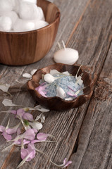 Beautiful composition. Sea salt on wooden background