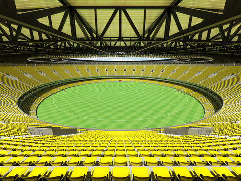 3D render of a round Australian rules football stadium with  yellow seats and VIP boxes