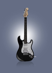 Black electric guitar on black background