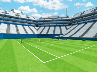 3D render of beautiful large modern tennis grass court stadium with white chairs