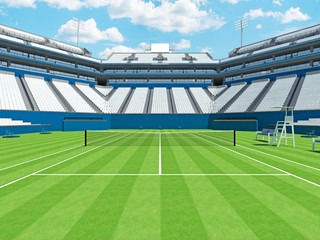 3D render of beautiful large modern tennis grass court stadium with white chairs