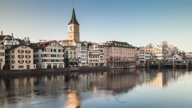 sun light evening famous zurich st. peter walking bridge side front panorama 4k time lapse switzerland
