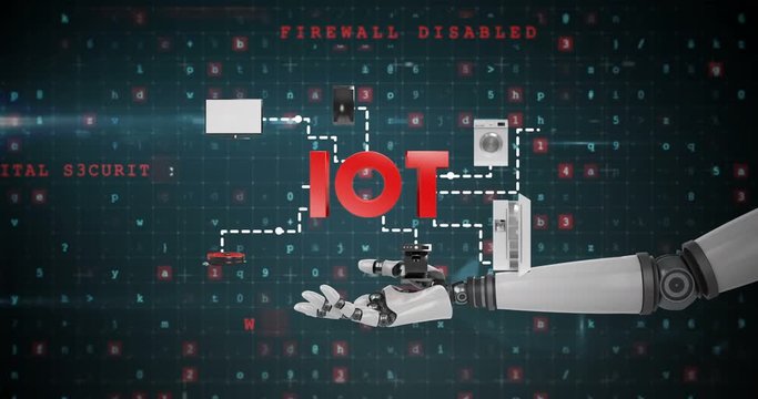 Robotic hand presenting digital iot symbol surrounded with home appliance icons