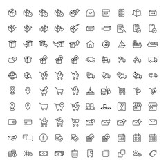 100 shopping, shipping and delivery thin line icons set on white background