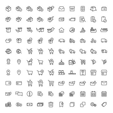 100 shopping, shipping and delivery thin line icons set on white background