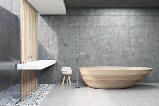 Gray bathroom, wooden tub, front