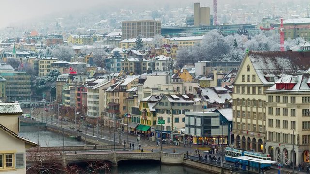 zurich winter day view point limmatquai tram traffic riverside cityscape panorama 4k time lapse switzerland
