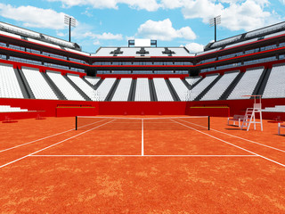 3D render of beutiful modern tennis clay court stadium with white chairs