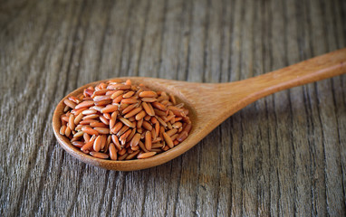 Brown rice  in wood spoon on table