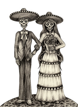 Art wedding skull day of the dead.Hand pencil drawing on paper