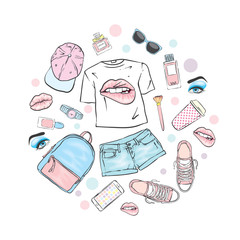 A set of women's clothes. Teenage style. T-shirt with print in the form of lips, backpack, sneakers, watch, smartphone, cap, shorts and perfume bottles. Vector illustration for a postcard or a poster.