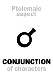 Astrology Alphabet: CONJUNCTION (0°) of characteristics, classic major Ptolemaic aspect. Hieroglyphics character sign (single symbol).