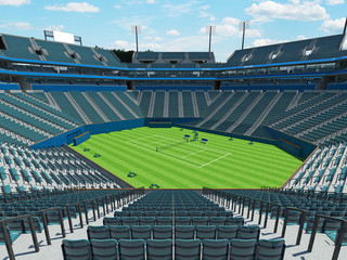 Obraz premium 3D render of beautiful large modern tennis grass court stadium with blue chairs