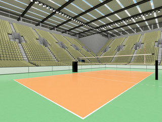 Beautiful sports arena for volleyball with olive green seats and VIP boxes