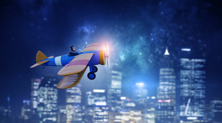 Woman in drawn airplane . Mixed media . Mixed media