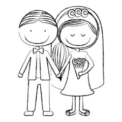 blurred silhouette caricature groom with formal suit and bride with side hairstyle vector illustration