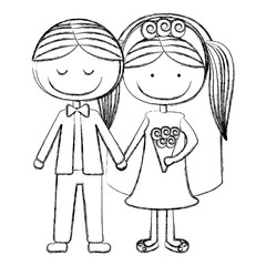 blurred silhouette caricature groom with eyes closed and bride with pigtails vector illustration