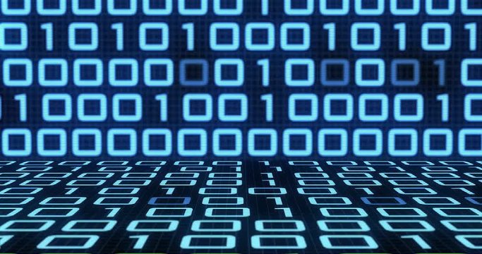 Camera pans through computer digital binary code landscape