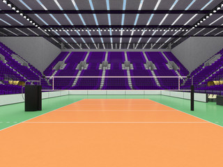 Fototapeta na wymiar 3D render of Beautiful sports arena for volleyball with purple seats and VIP boxes