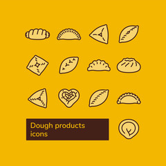Dough products. Russian food. Vector line icons.