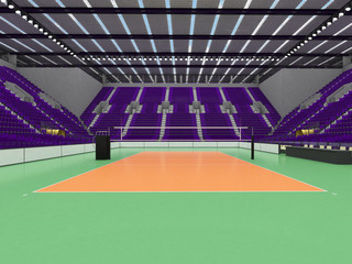 Fototapeta na wymiar 3D render of Beautiful sports arena for volleyball with purple seats and VIP boxes